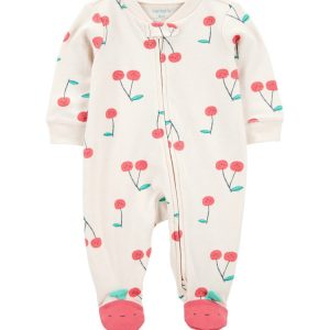 Macacão bebê manga longa com pezinho cerejas bege | Carter's