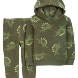 Conjunto longo infantil 2 peças em sherpa com capuz dino verde