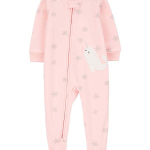 Macacão pijama bebê fleece pézinhos neve brilhosa narval rosa | Carter's