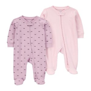 Kit macacão bebê 2 peças com pezinho canelado laço multicor | Carter's