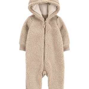 Macacão bebê em sherpa com capuz interativo ursinho bege