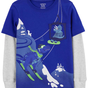 Camiseta infantil manga longa dino esquiando azul |