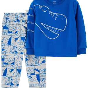 Pijama longo infantil 2 peças de fleece dinossauro azul |