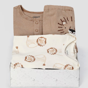 Kit conjunto longo bebê 3 peças leão + caixa de presente P nuvens multicor |