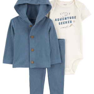 Conjunto longo bebê 3 peças canelado com capuz multicor |