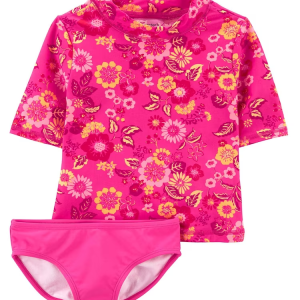 Conjunto de praia infantil floral rosa |