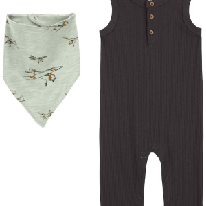 Macacão bebê canelado com babador bordado multicor |