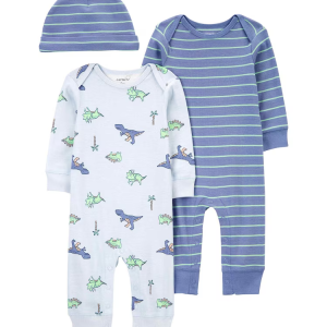 Kit macacão bebê 2 peças com touca dinossauros azul |