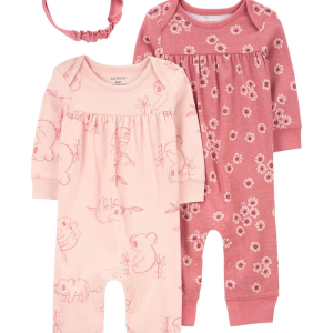 Kit macacão bebê 2 peças floral coala com faixa de cabelo rosa | Carter's