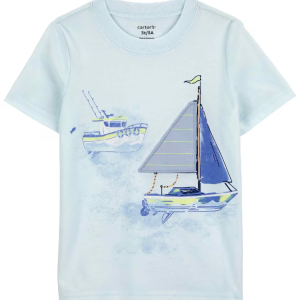 Camiseta infantil manga curta barco de pesca azul |