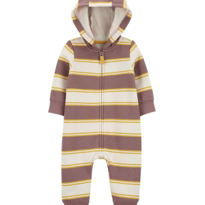 Macacão bebê listrado com capuz bege |