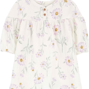 Vestido bebê manga longa texturizado floral off-white | Carter's