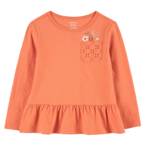 Camiseta infantil manga longa com babado e bolso laranja |