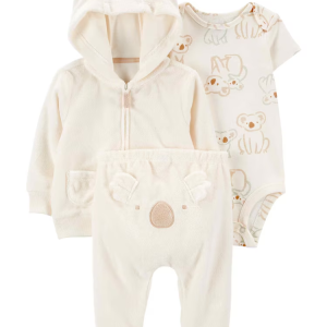 Conjunto longo bebê 3 peças capuz coala bege |