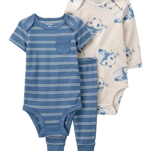 Conjunto longo bebê 3 peças listrado e panda multicor |