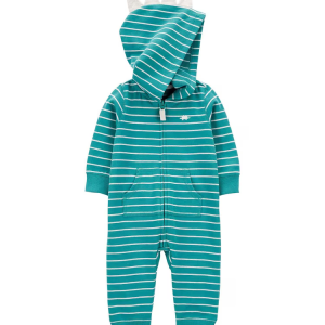 Macacão bebê listrado dinossauro com bolso azul |