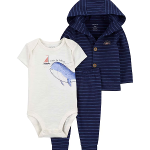 Conjunto longo bebê 3 peças capuz listrado e baleia multicor |