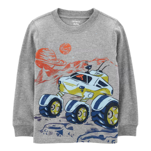 Camiseta infantil manga longa dirigir na lua cinza |