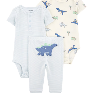 Conjunto longo bebê 3 peças listras dinossauro multicor |