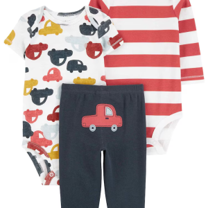 Conjunto longo bebê 3 peças listrado e carros multicor |