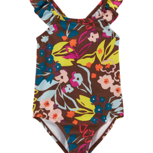 Maiô infantil com babados floral marrom |