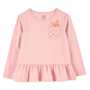 Camiseta infantil manga longa com babado e bolso rosa |