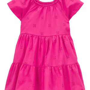 Vestido infantil evasê em laise rosa |