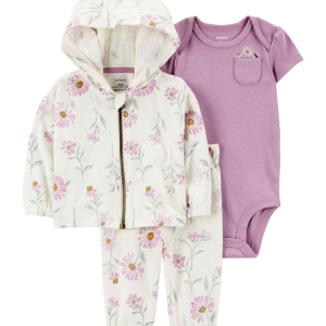 Conjunto longo de moletom bebê 3 peças floral com zíper multicor | Carter's
