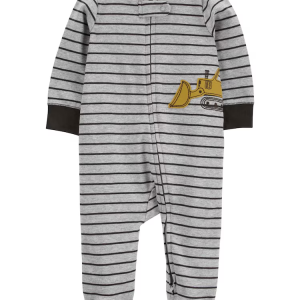 Macacão bebê trator e listras cinza |