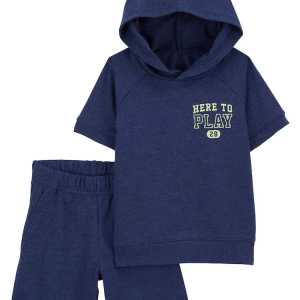 Conjunto curto de moletom infantil 2 peças com capuz azul |