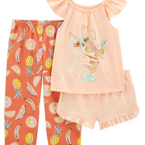 Pijama longo infantil 3 peças frutinhas e coelhinho multicor |