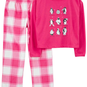 Pijama longo infantil 2 peças fleece xadrez pinguim rosa |